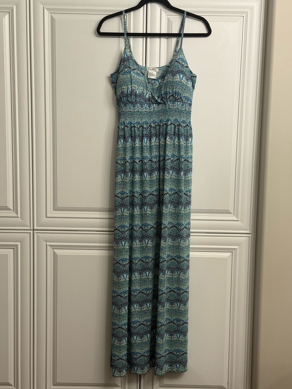 Guilty Sz 1X Blue Geometric Patterned Maxi Dress with Spaghetti Straps Smocking